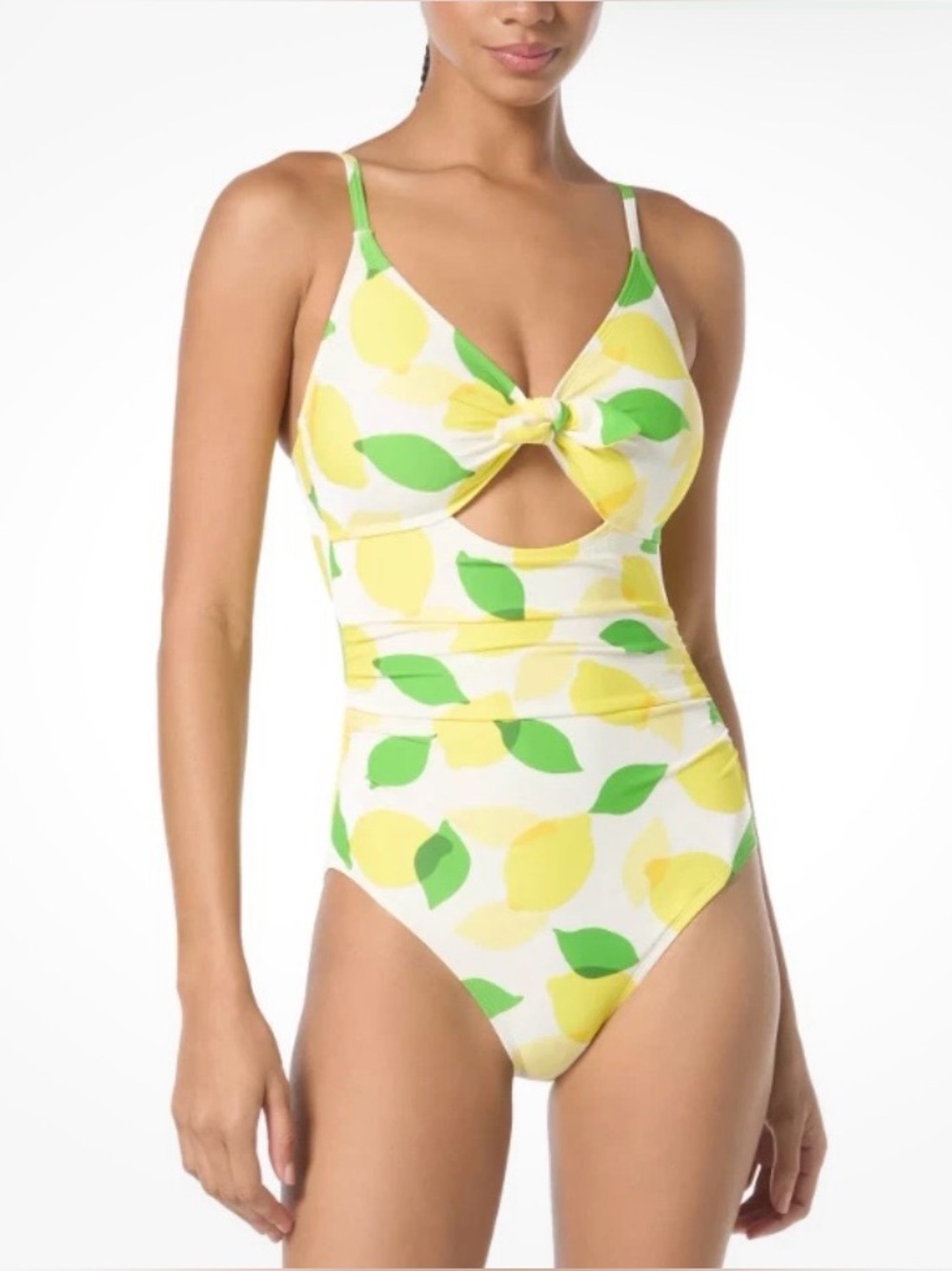 Kate Spade Lemon-Print Tank Swimsuit Green Leaves, Front Tie, Shirred NWT Sz M